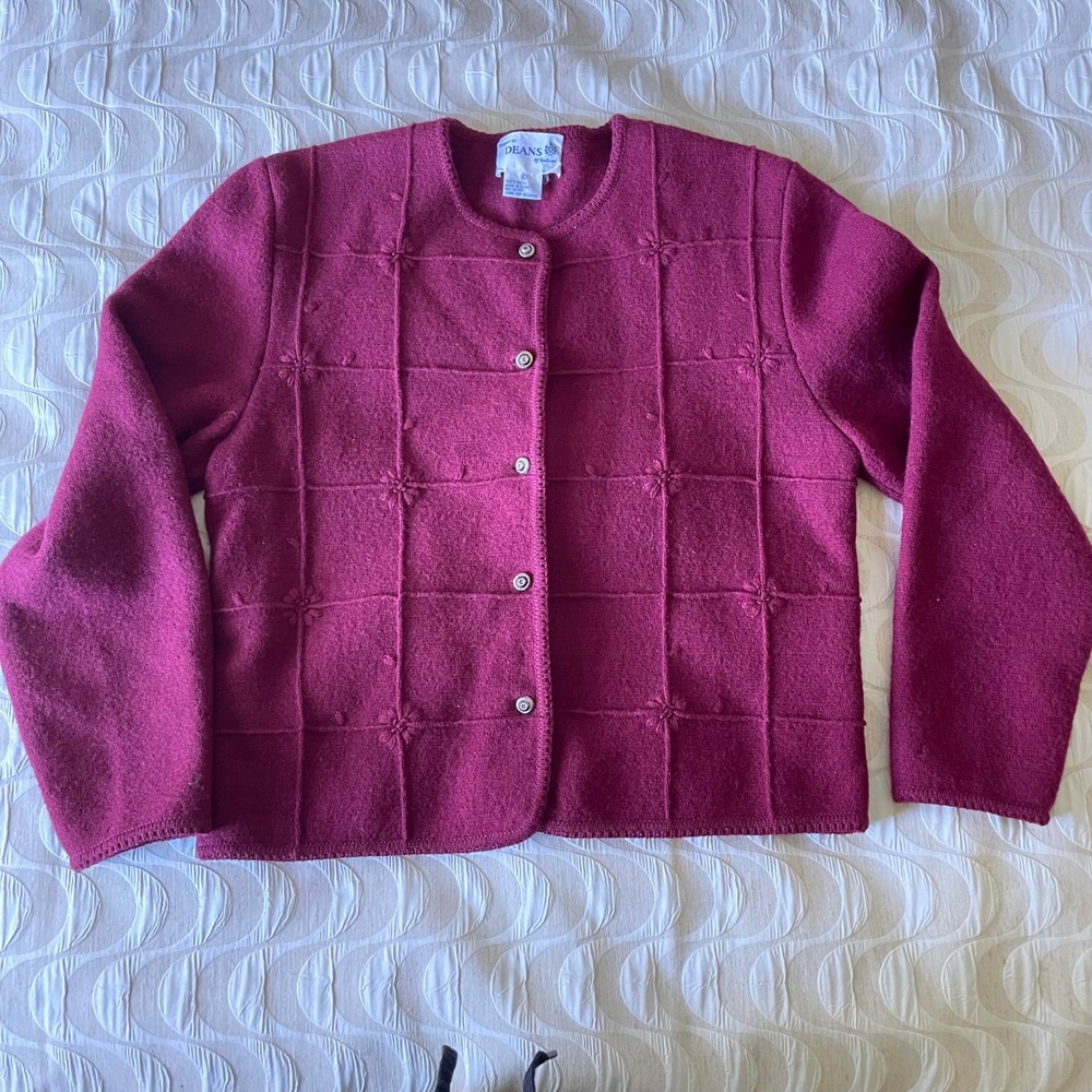 Deans of Scotland Womens Wool Cardigan Burgundy Floral Grid Button Front Large